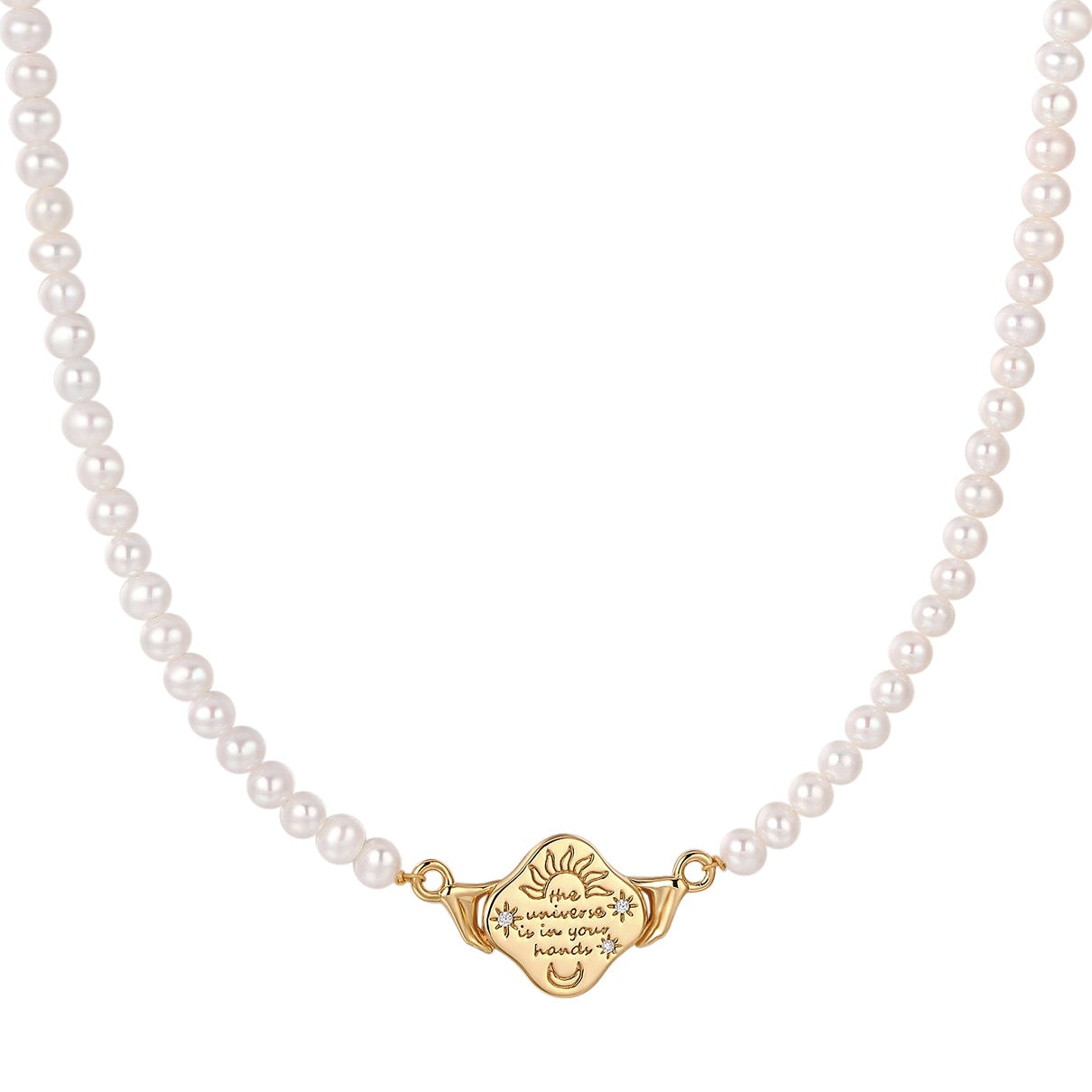 Pearl necklace with a gold clasp on a white background